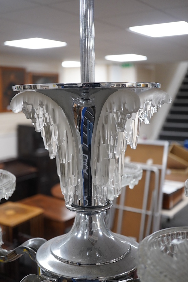 A French Art Deco chrome plated five arm chandelier with original shades, circa 1920’s-1930’s, wired, overall 80cm high, 73cm wide. Condition - good